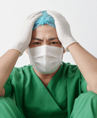 başını ellerinin arasına almış sağlık çalışanı