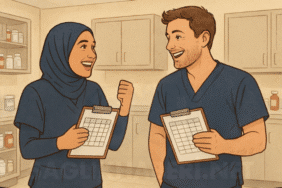 evli çift hemşireler ellerinde liste