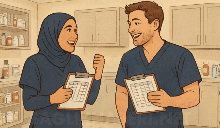 evli çift hemşireler ellerinde liste