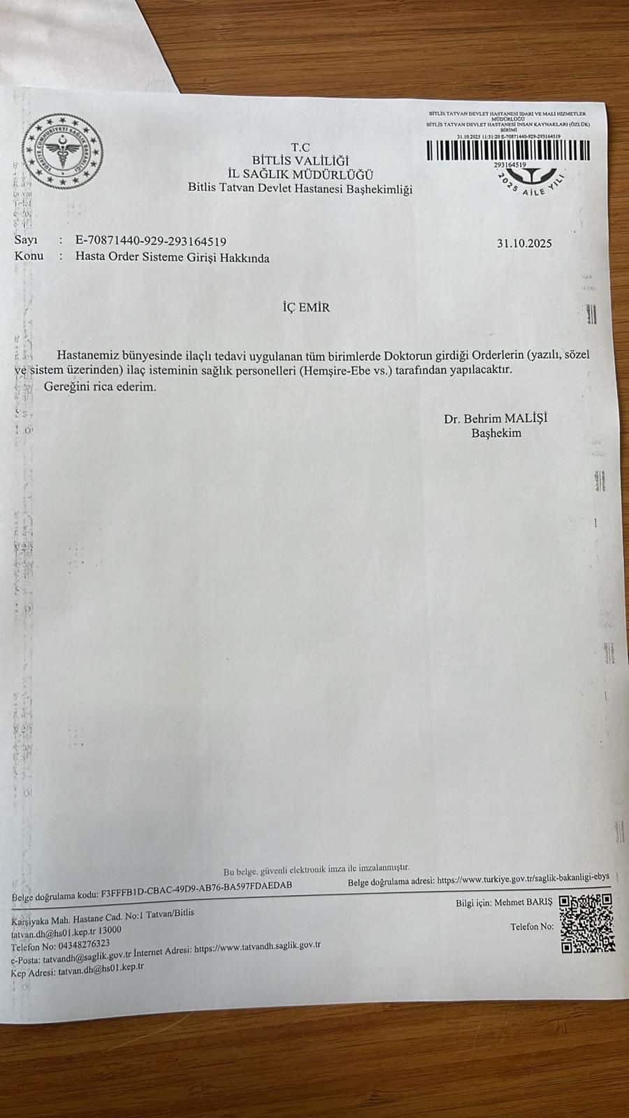 Tatvan Devlet Hastanesi'nde Geri Adım: Tartışmalı “Order Girişi” Emri Askıya Alındı (resim 2) – saglikhaberi.net Tatvan Devlet Hastanesi'nde Geri Adım: Tartışmalı “Order Girişi” Emri Askıya Alındı (resim 1) – saglikhaberi.net